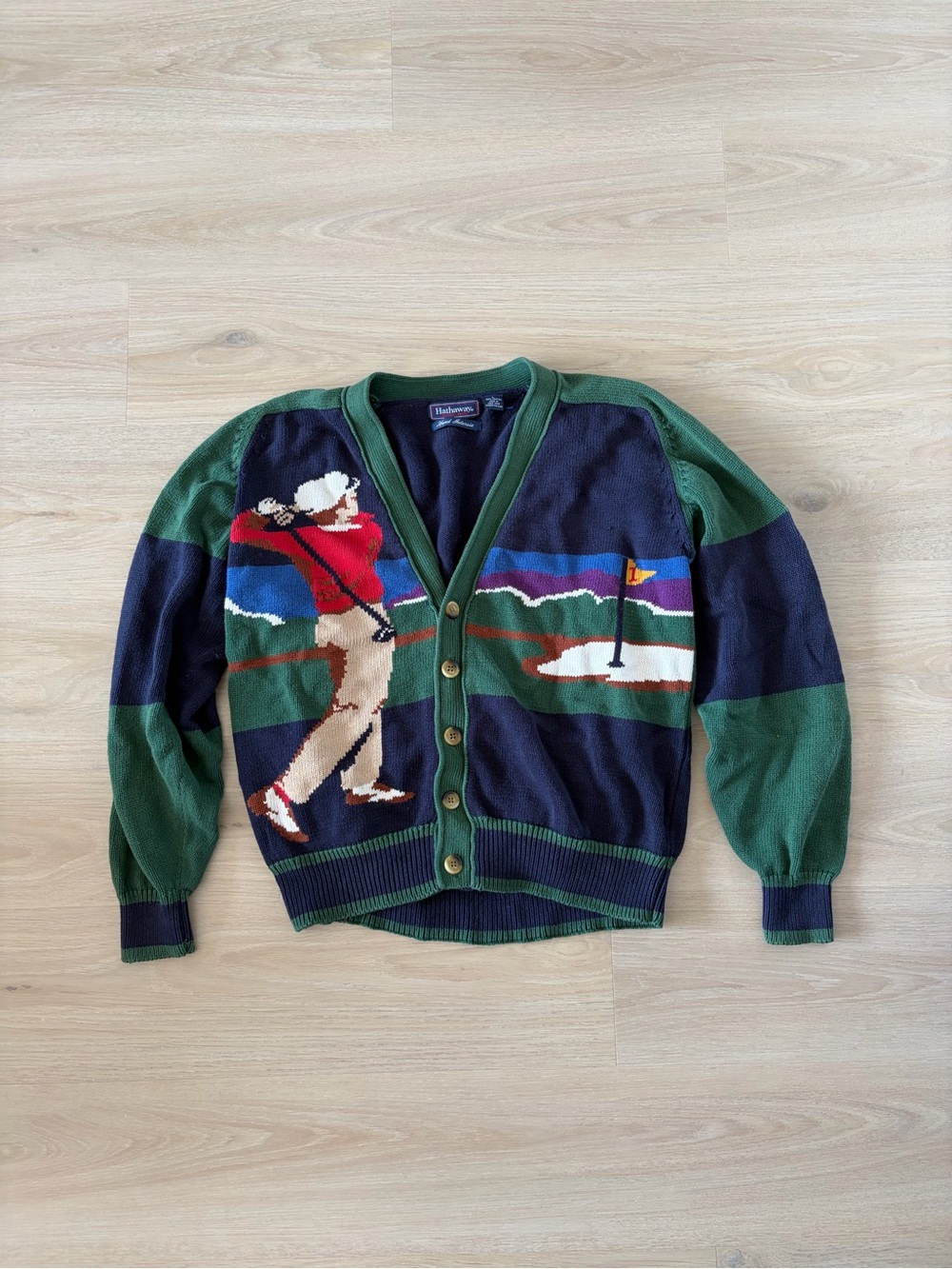 Vintage Men's Golf-Scene V-Neck Cardigan Sweater - Navy & Green